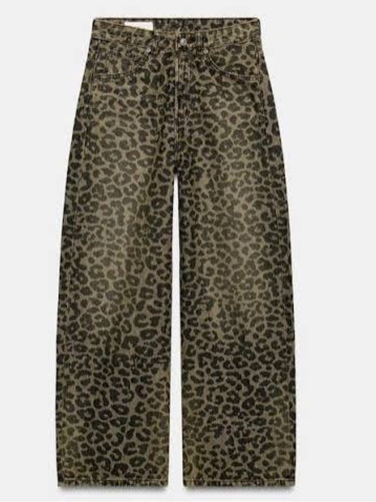 Zara Denim - Zara Olive Green Leopard Print Wide Leg Jeans